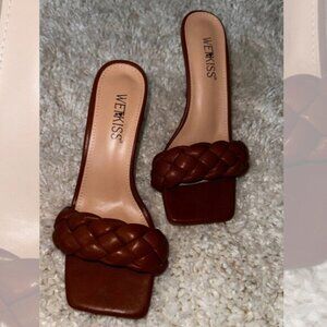 Wet Kiss Womens Size 8 Block High Heels Slip On Square Toe Braided Sandals Brown